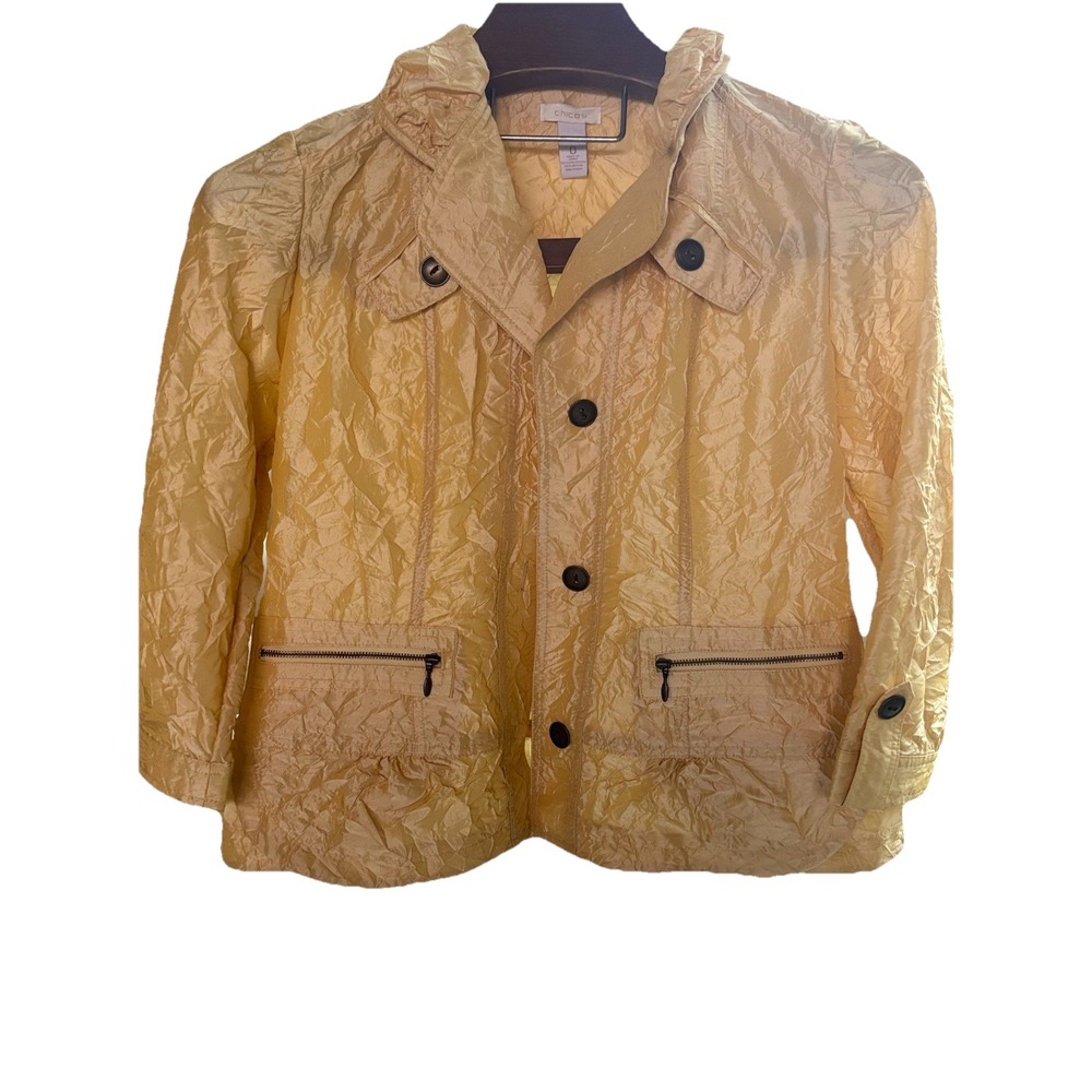Chico's Women's Size 4 Crinkle Gold Yellow Sheen Shaya Jacket Size 0 Pockets - Picture 2 of 7